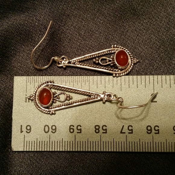 925 Silver Filigree Carnelian Hook Earrings - Picture 6 of 6